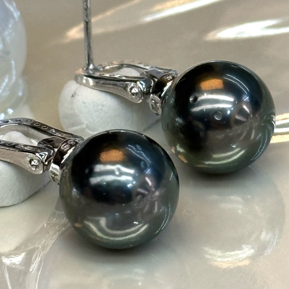 EPT16 Australian Tahitian Charcoal 10-11mm Pearl Horseshoe Earrings 18K WG S925 - Picture 16 of 16